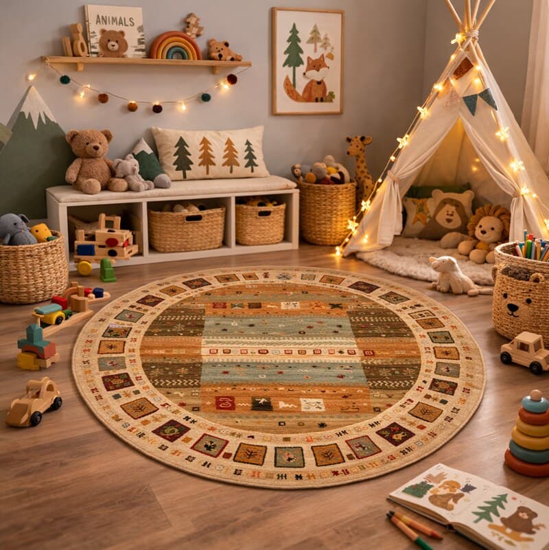 Playroom styled with a COSMOS Carpets kid-friendly rug